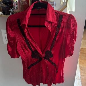 Bebe Red Button Down Shirt with Black Lace
